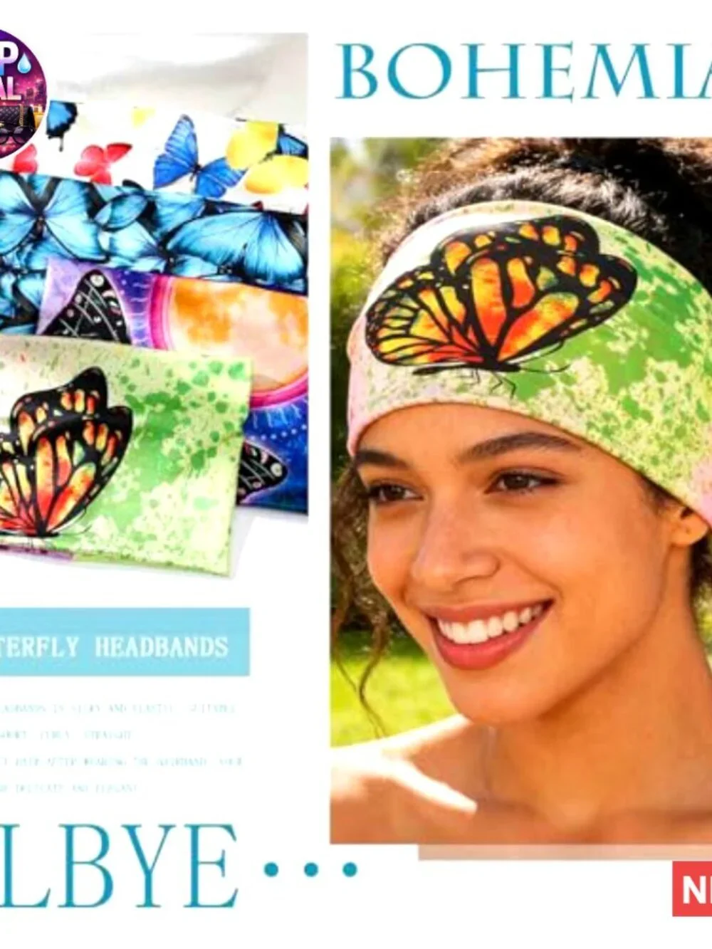 Wide Boho Headbands Butterfly Stretch Button Hair Bands Headwrap